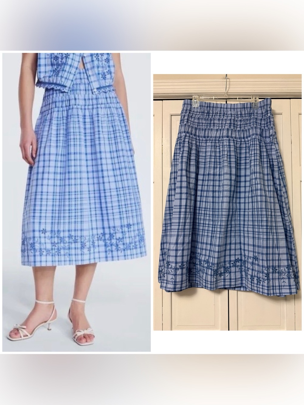 Free Assembly Blue Plaid Floral Embroidered Hem Midi Skirt Cottagecore Large